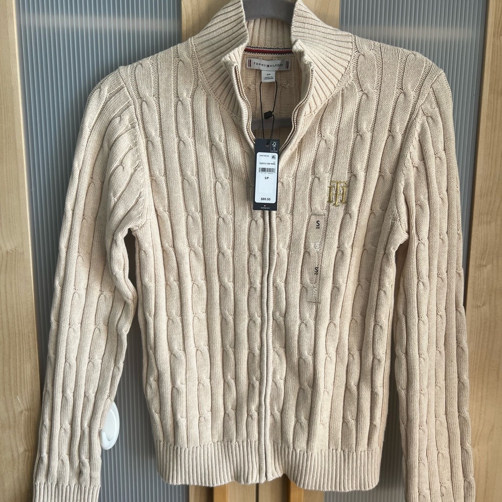 Tommy Hilfiger Tan Cable Knit Zip Up Sweater